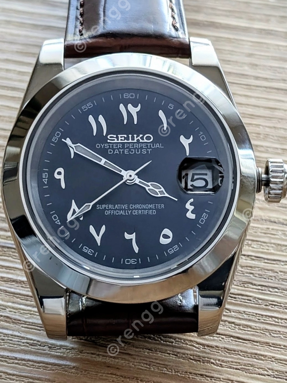 Seiko Automatic Black Arabic Dial Watch with Brown Leather Strap Sapphire